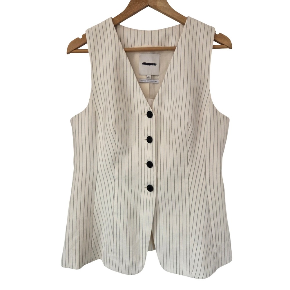 Madewell Cutaway Vest Pinstripe Linen Blend Women 12 Ivory Black NWT $128 NU475